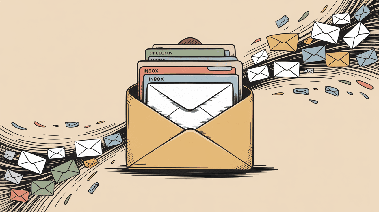 Hand-drawn illustration of an organized email inbox with color-coded tabs and emails being managed efficiently