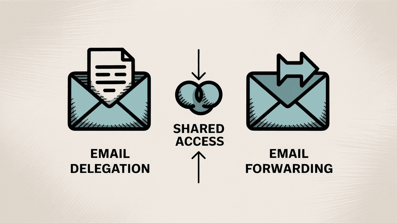 Comparison illustration showing email delegation with shared access icon versus forwarding with forward arrow icon side by side
