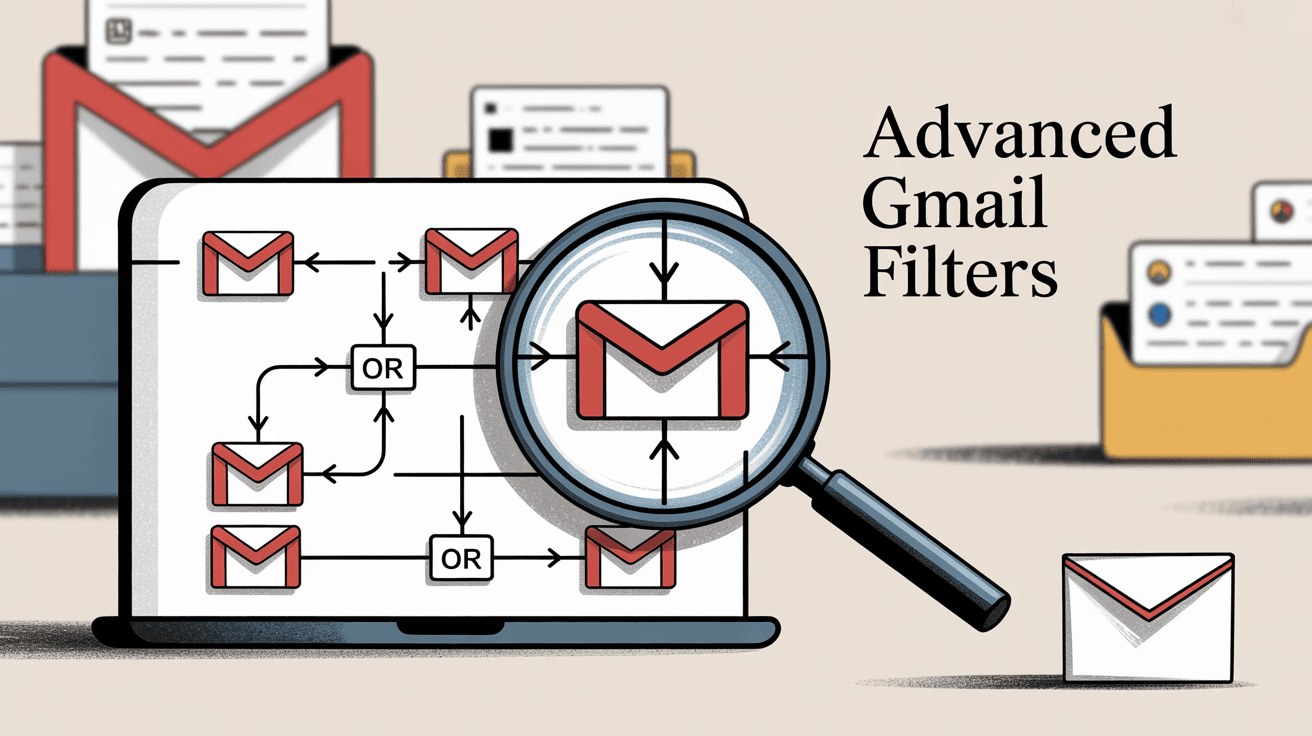 Advanced Gmail filtering interface showing multiple domain OR logic configuration with client1.com OR client2.com OR client3.com setup options